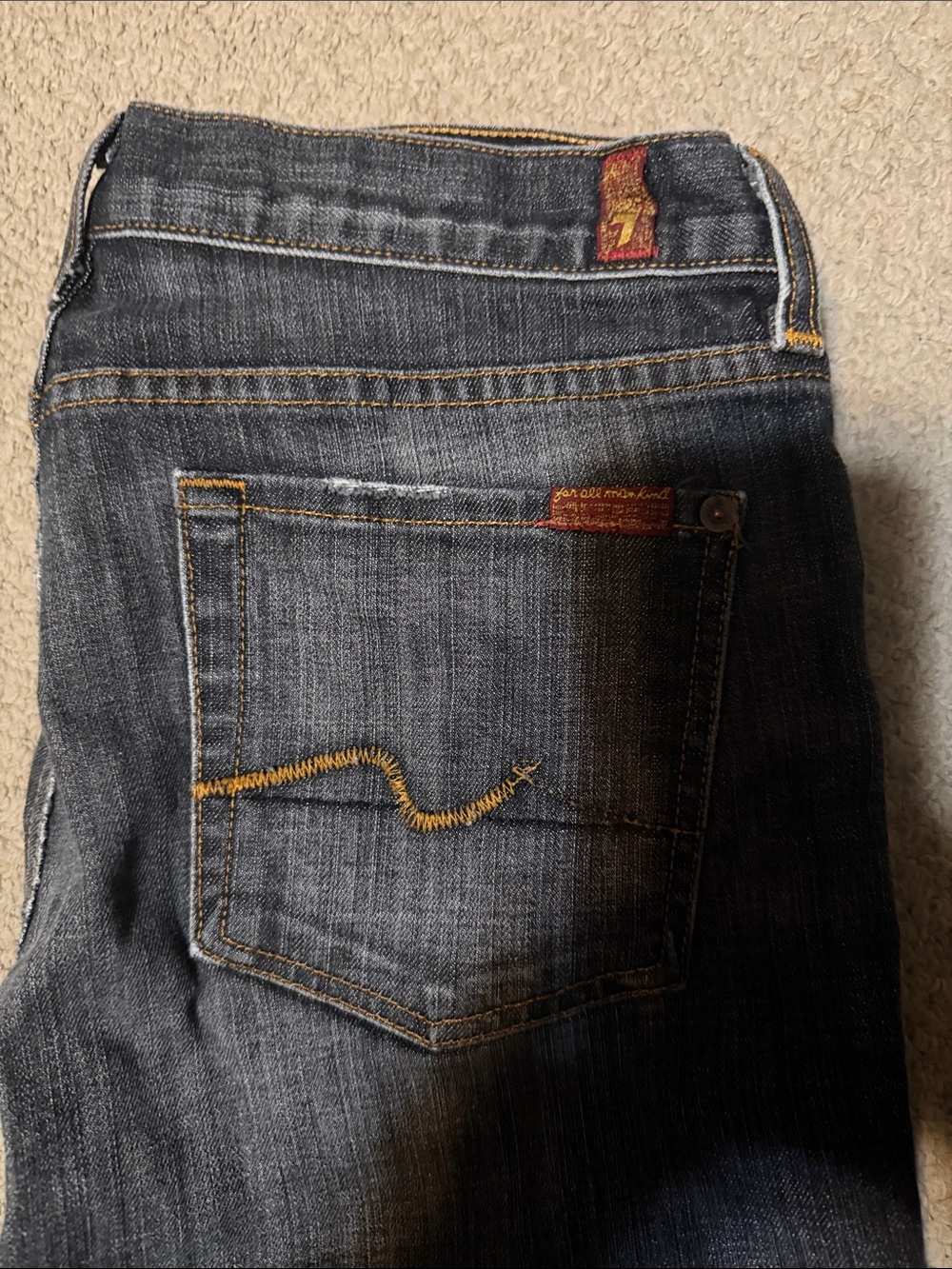 7 For All Mankind Women's Boot Cut Jeans in Dark Blue with Gold Stitching